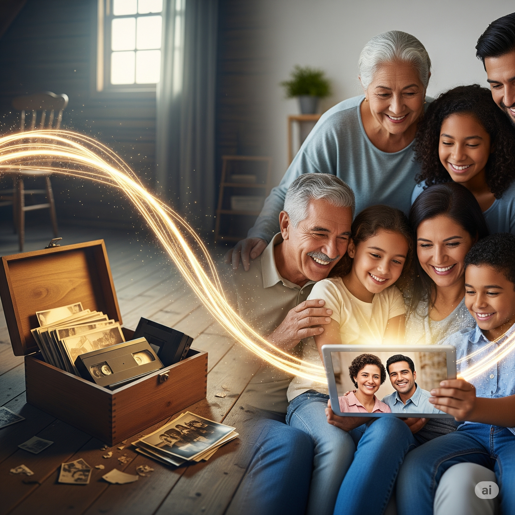 Familia viendo recuerdos digitales