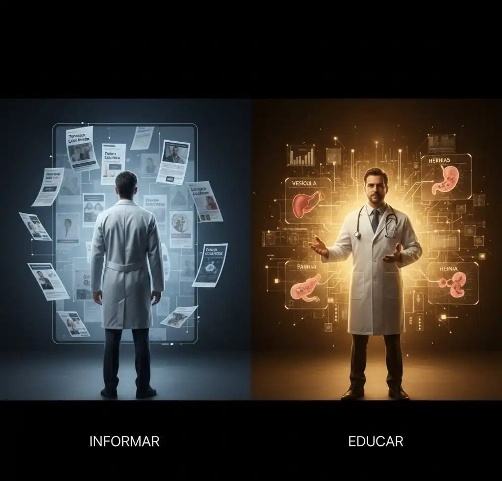 Un médico informando (gris) vs. un médico educando (brillante)